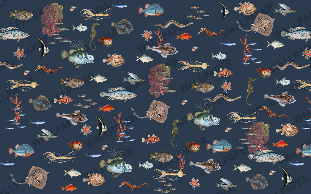 Fish And Coral Wallpaper : Navy Sea Life Mural - View 2