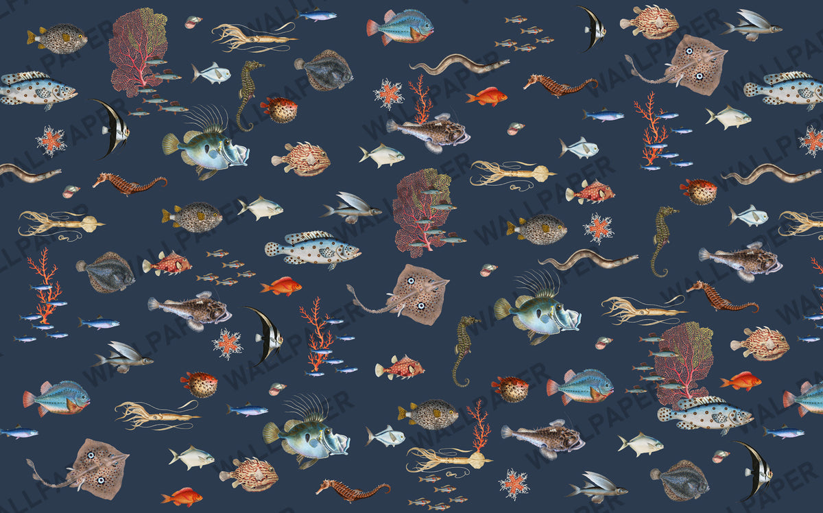 Fish And Coral Wallpaper : Navy Sea Life Mural - View 2