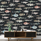 Vintage Fish Species Wallpaper : Sea Life Illustration Mural - View 4