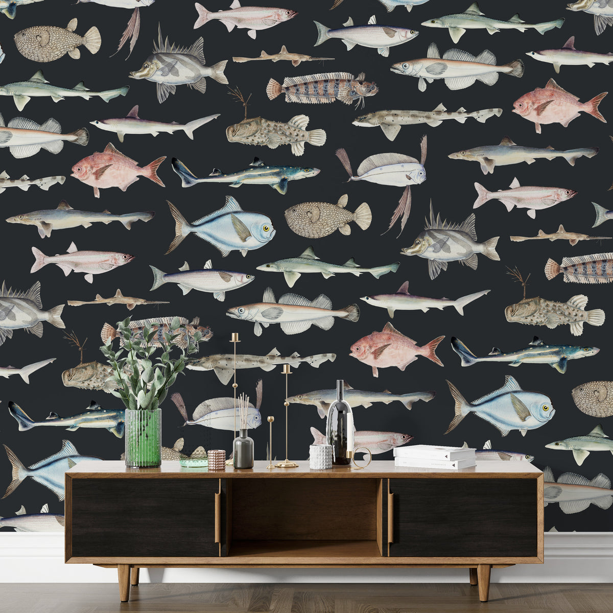 Vintage Fish Species Wallpaper : Sea Life Illustration Mural - View 4