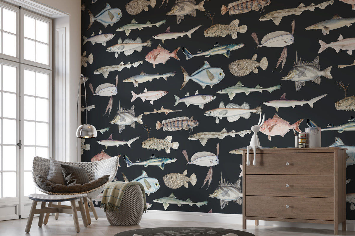 Vintage Fish Species Wallpaper : Sea Life Illustration Mural - View 5