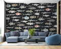 Vintage Fish Species Wallpaper : Sea Life Illustration Mural