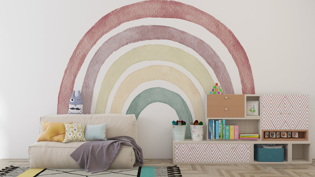 Pastel Rainbow Wallpaper : Soft Watercolor Nursery Mural - View 2