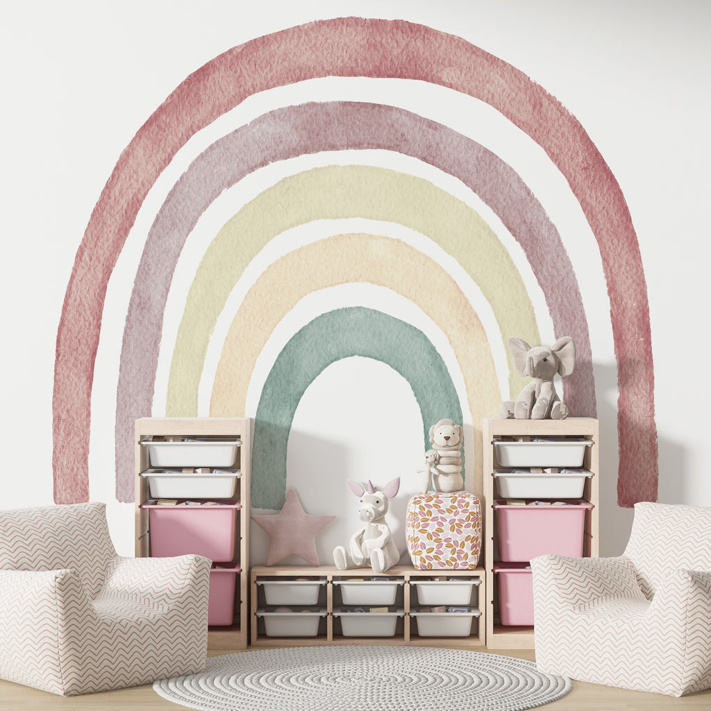 Pastel Rainbow Wallpaper : Soft Watercolor Nursery Mural - View 4