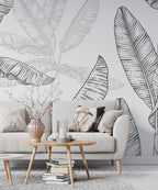 Black And White Banana Tree Wallpaper : Sketch Leaves Mural - View 3
