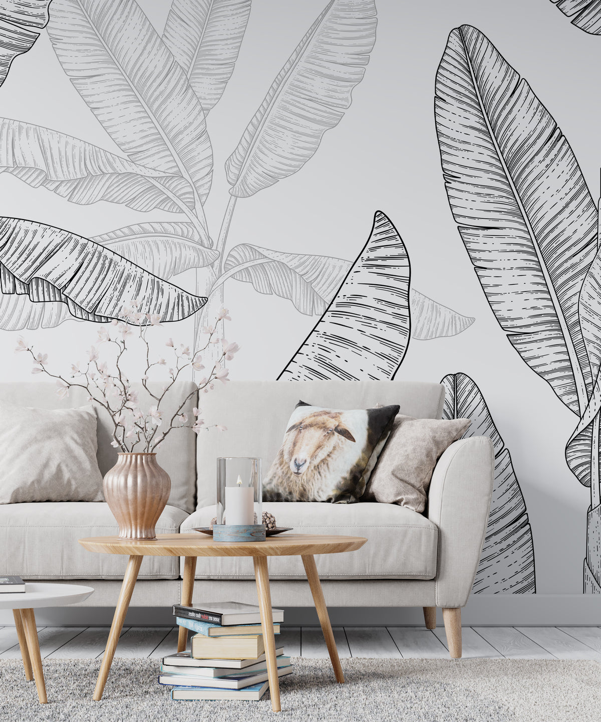 Black And White Banana Tree Wallpaper : Sketch Leaves Mural - View 3