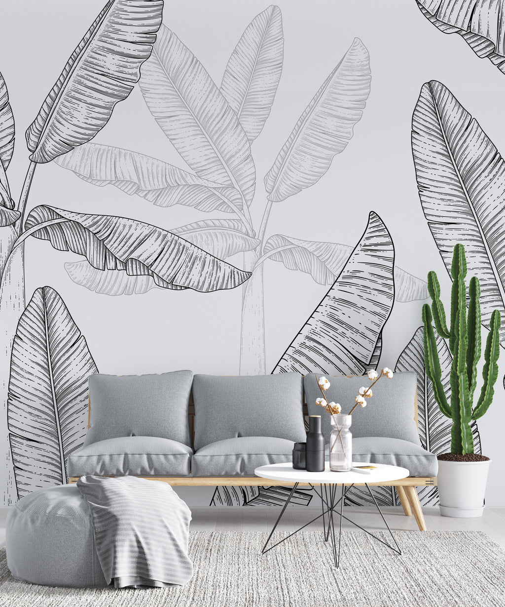 Black And White Banana Tree Wallpaper : Sketch Leaves Mural - View 4