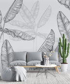 Black And White Banana Tree Wallpaper : Sketch Leaves Mural - View 4