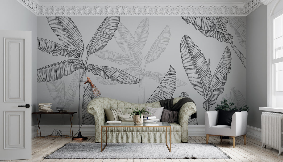 Black And White Banana Tree Wallpaper : Sketch Leaves Mural