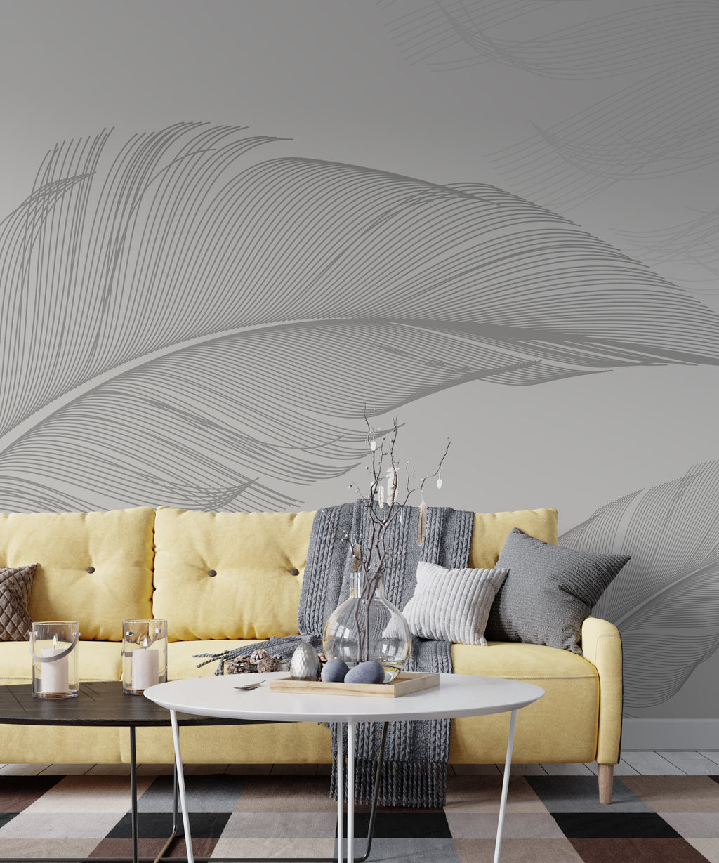 Soft Grey Feather Wallpaper : Minimal Feathers Mural