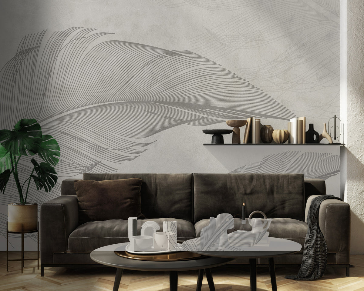 Soft Grey Feather Wallpaper : Minimal Feathers Mural - View 2