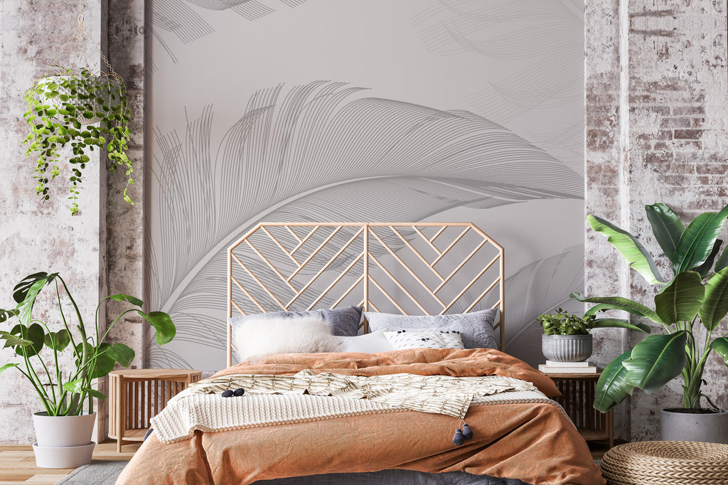 Soft Grey Feather Wallpaper : Minimal Feathers Mural - View 3