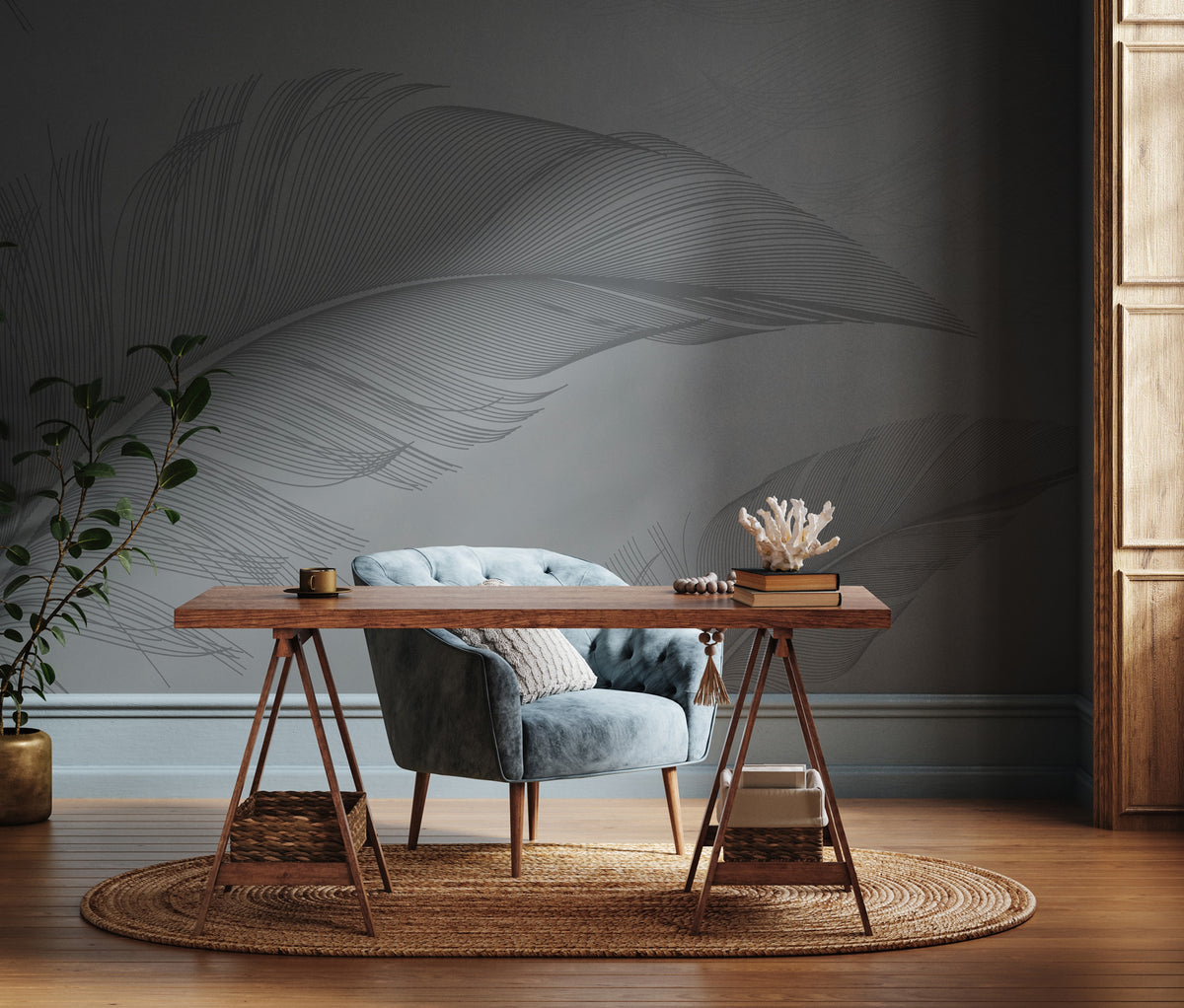 Soft Grey Feather Wallpaper : Minimal Feathers Mural - View 4