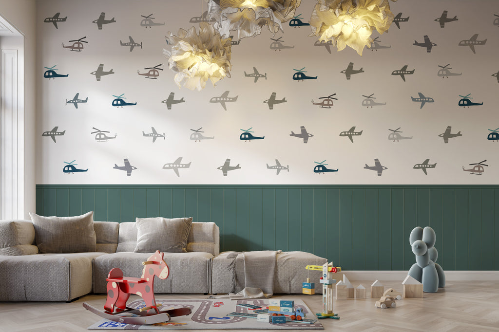 Airplane Pattern Wallpaper : Green Panel Kids Mural - View 4