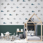Airplane Pattern Wallpaper : Green Panel Kids Mural - View 3