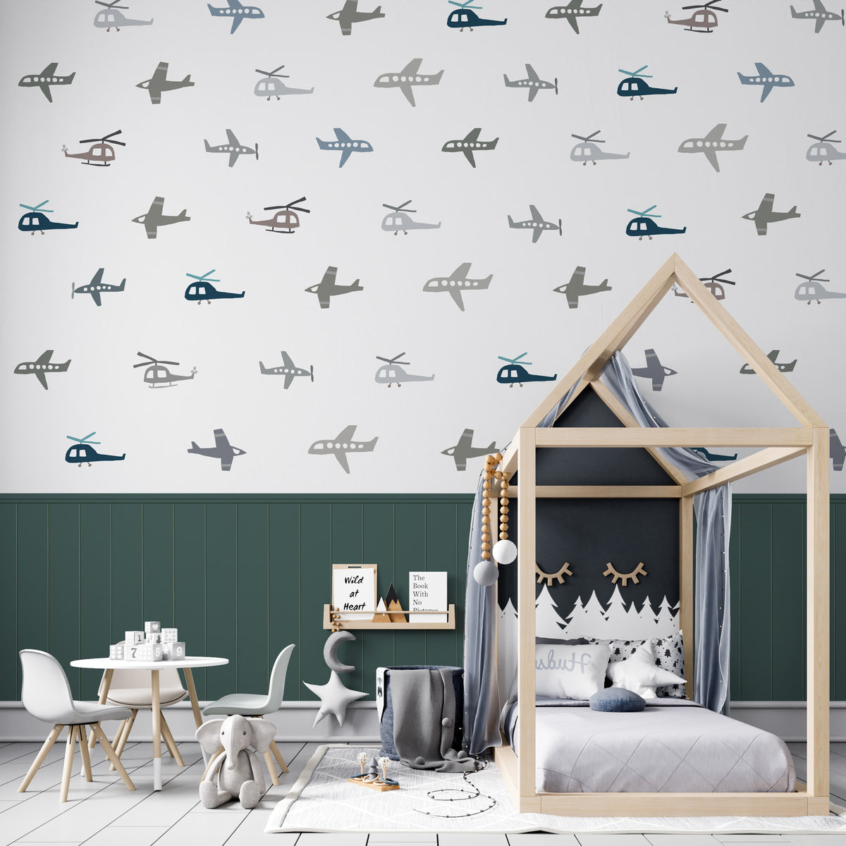 Airplane Pattern Wallpaper : Green Panel Kids Mural - View 3