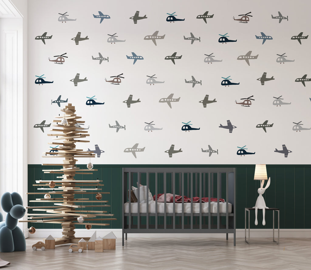 Airplane Pattern Wallpaper : Green Panel Kids Mural - View 2