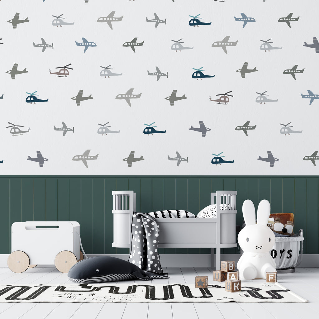 Airplane Pattern Wallpaper : Green Panel Kids Mural - View 5