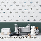 Airplane Pattern Wallpaper : Green Panel Kids Mural - View 5