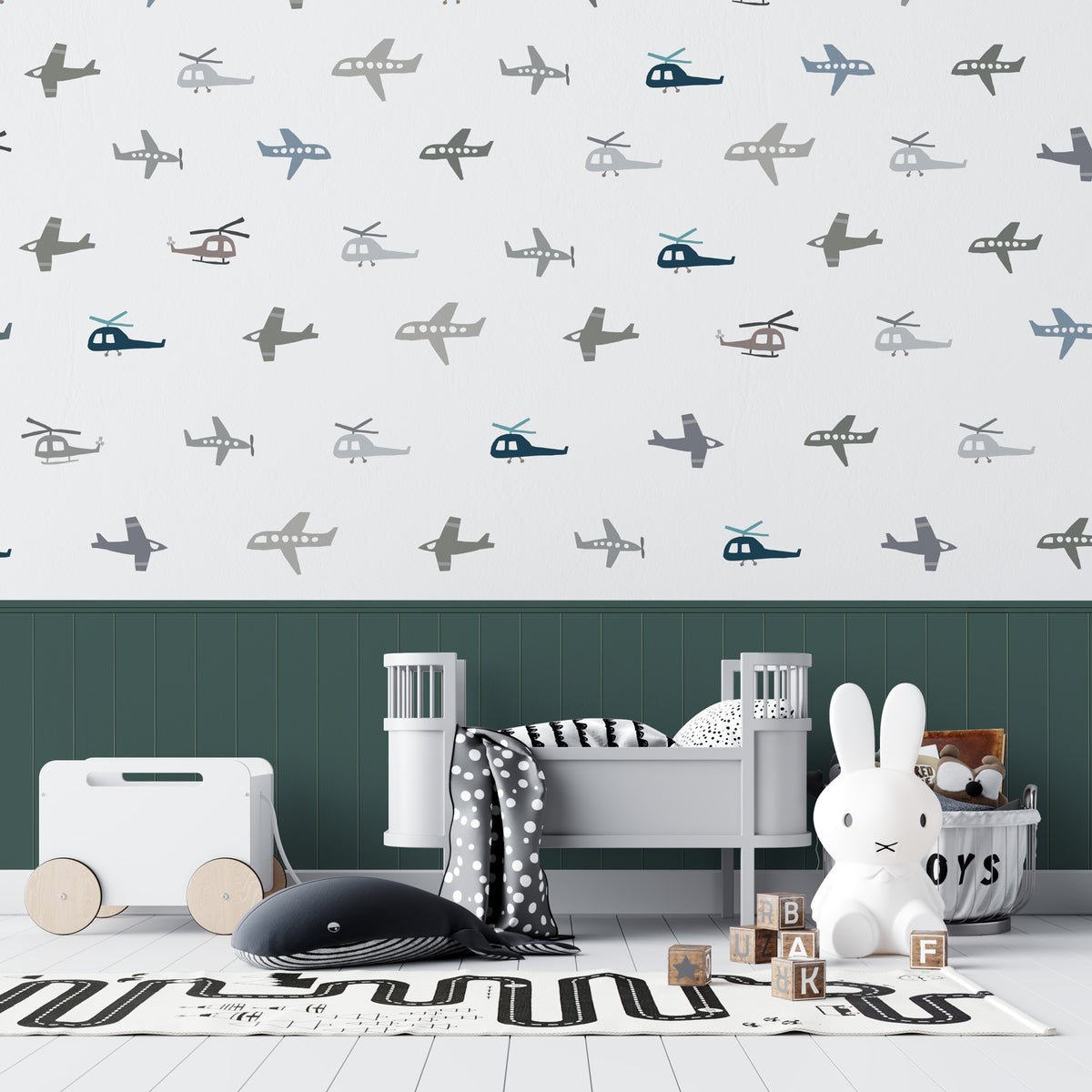 Airplane Pattern Wallpaper : Green Panel Kids Mural - View 5