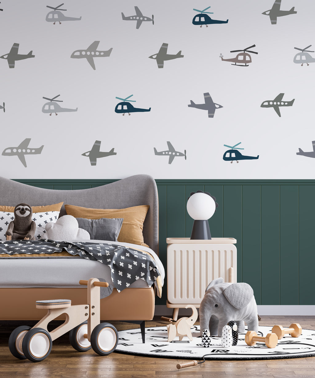 Airplane Pattern Wallpaper : Green Panel Kids Mural