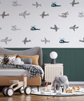 Airplane Pattern Wallpaper : Green Panel Kids Mural