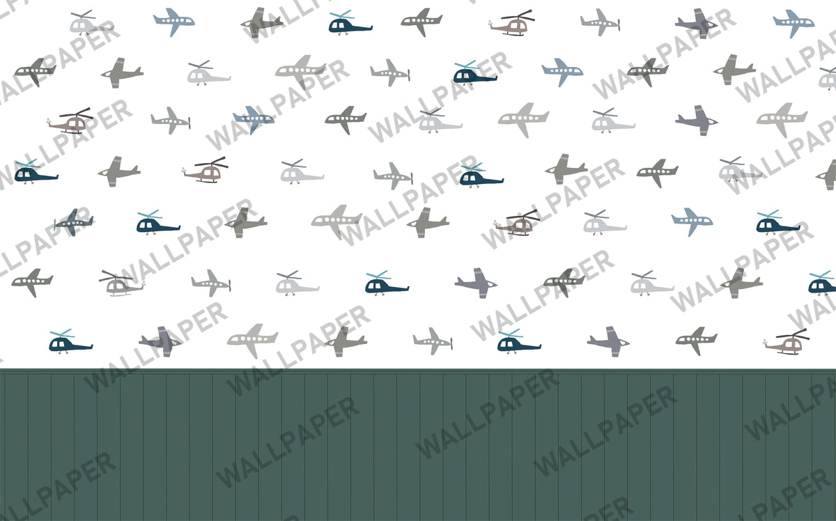Airplane Pattern Wallpaper : Green Panel Kids Mural - flat design
