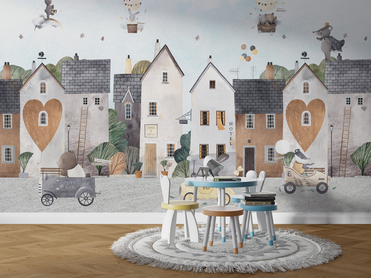 Love Town Animals Wallpaper : Cute Village Kids Mural