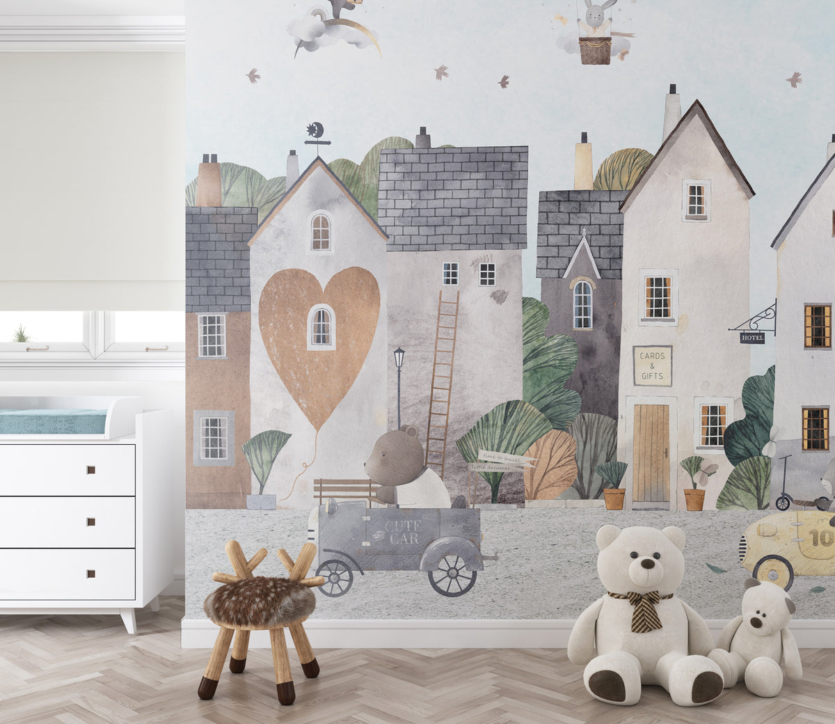 Love Town Animals Wallpaper : Cute Village Kids Mural - View 5