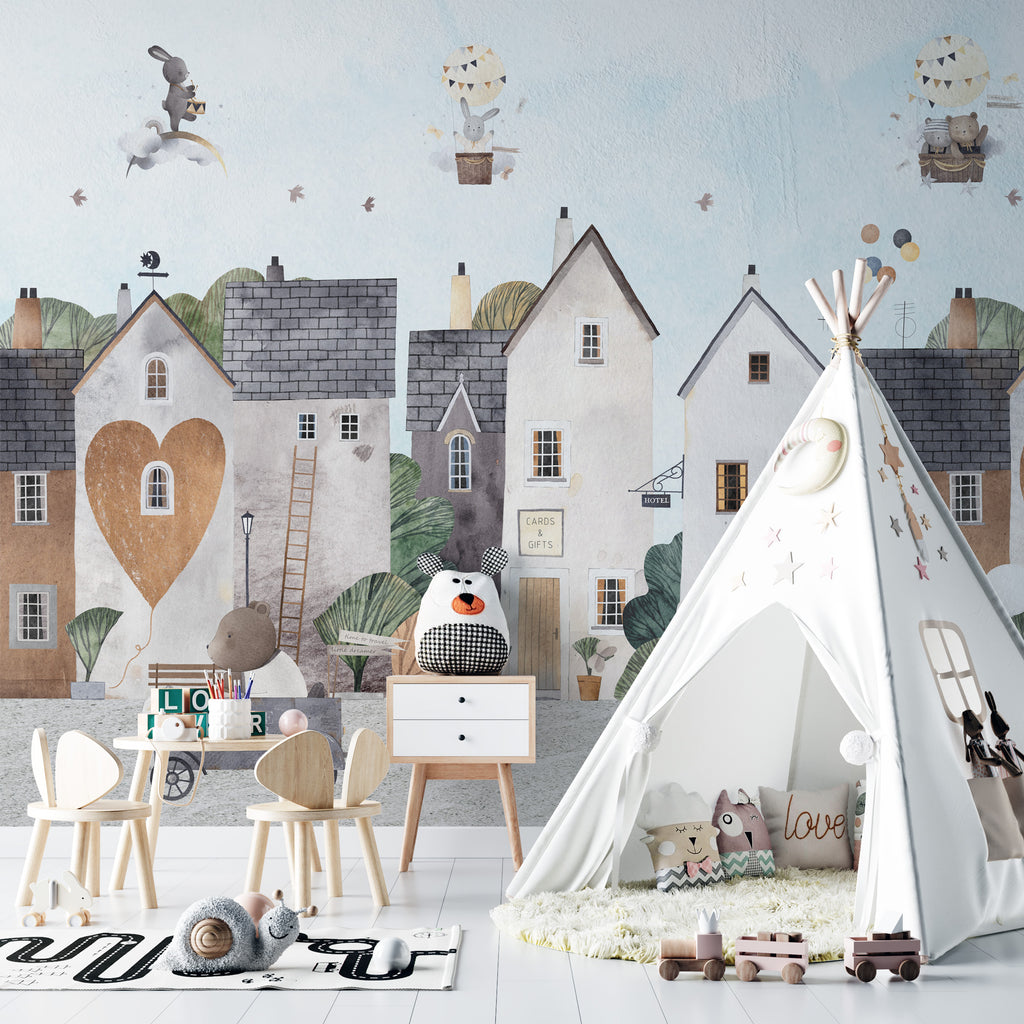 Love Town Animals Wallpaper : Cute Village Kids Mural - View 4