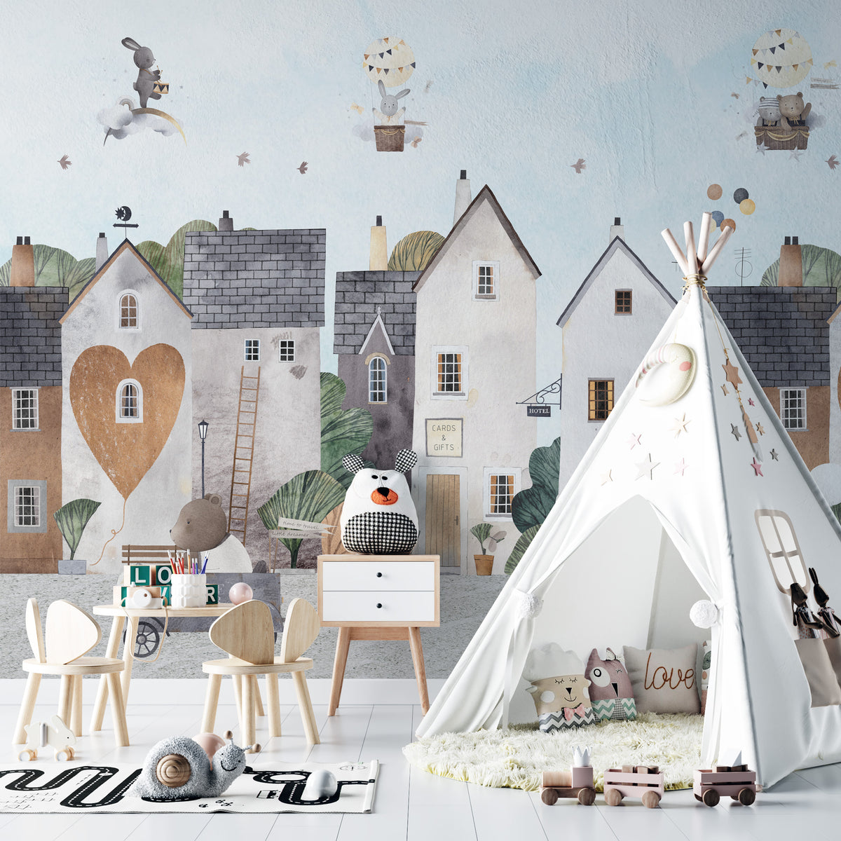 Love Town Animals Wallpaper : Cute Village Kids Mural - View 4