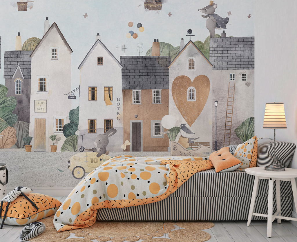 Love Town Animals Wallpaper : Cute Village Kids Mural - View 3