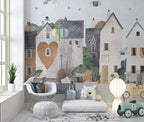 Love Town Animals Wallpaper : Cute Village Kids Mural - View 2