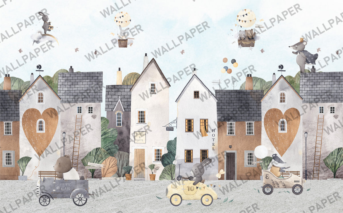 Love Town Animals Wallpaper : Cute Village Kids Mural - flat design