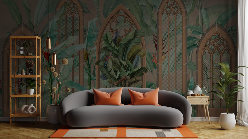Botanical Arch Window Wallpaper : Banana Leaves and Parrot Mural - View 4