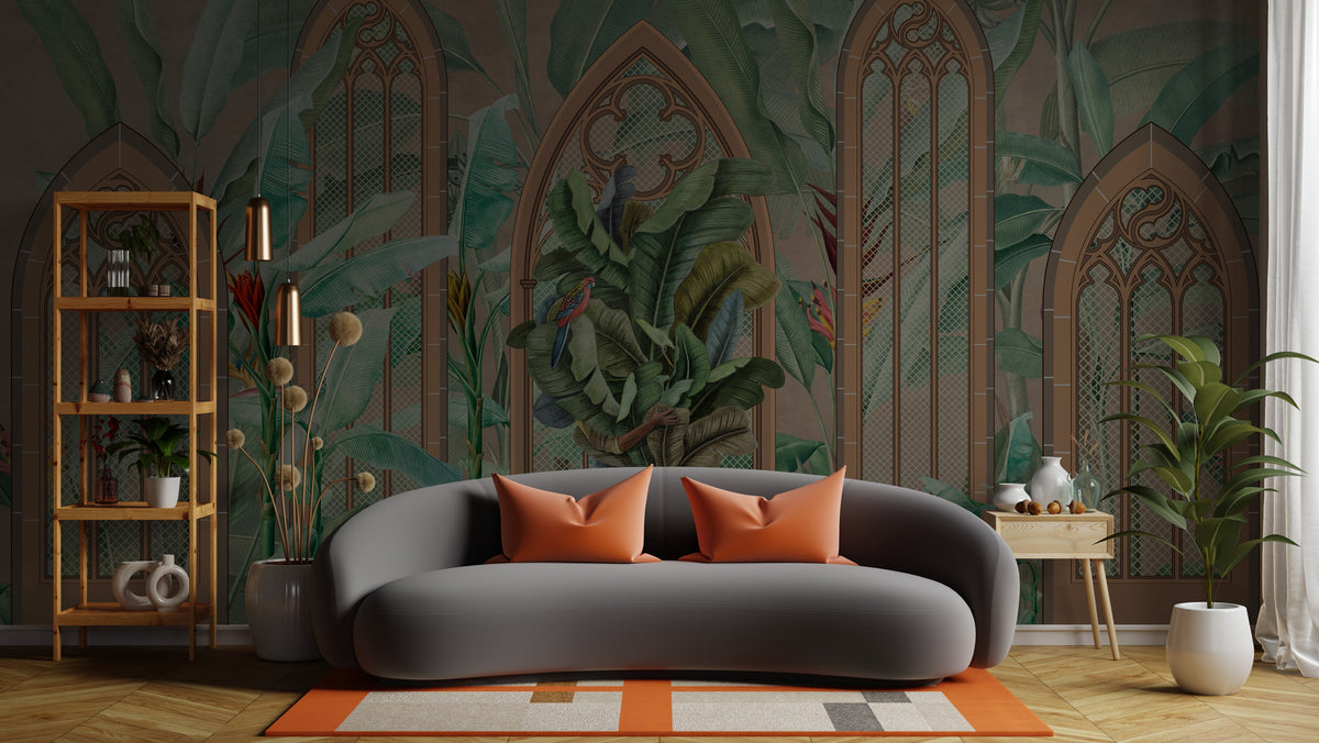 Botanical Arch Window Wallpaper : Banana Leaves and Parrot Mural - View 4