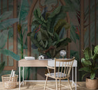 Botanical Arch Window Wallpaper : Banana Leaves and Parrot Mural - View 3