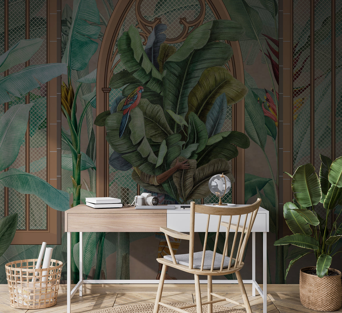 Botanical Arch Window Wallpaper : Banana Leaves and Parrot Mural - View 3