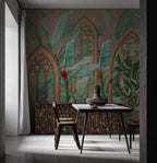 Botanical Arch Window Wallpaper : Banana Leaves and Parrot Mural - View 2