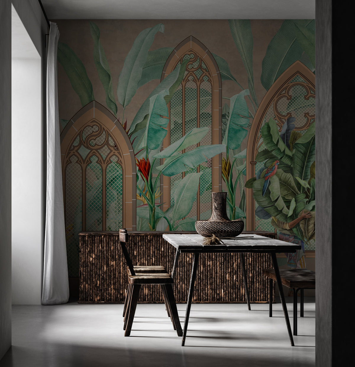 Botanical Arch Window Wallpaper : Banana Leaves and Parrot Mural - View 2