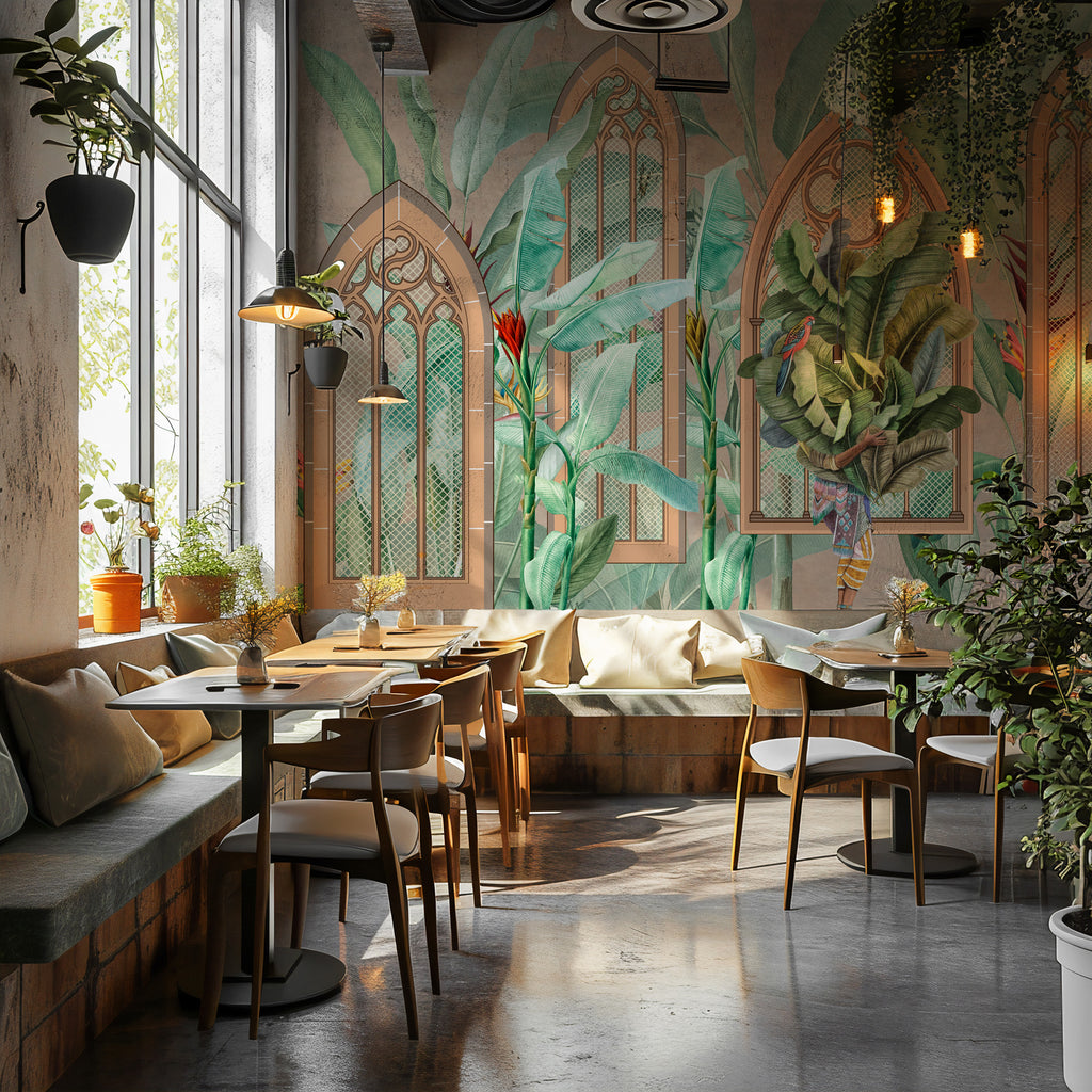 Botanical Arch Window Wallpaper : Banana Leaves and Parrot Mural