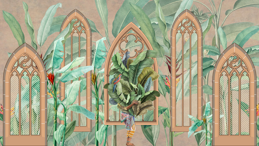 Botanical Arch Window Wallpaper : Banana Leaves and Parrot Mural - flat design