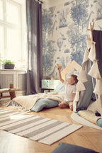Blue Toile Safari Wallpaper : Balloon and Animal Kids Wall Mural - View 5