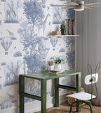 Blue Toile Safari Wallpaper : Balloon and Animal Kids Wall Mural - View 4