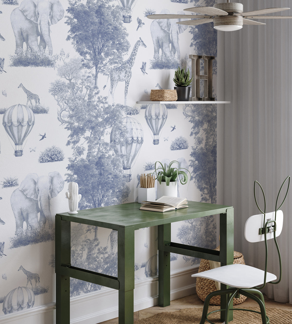 Blue Toile Safari Wallpaper : Balloon and Animal Kids Wall Mural - View 4