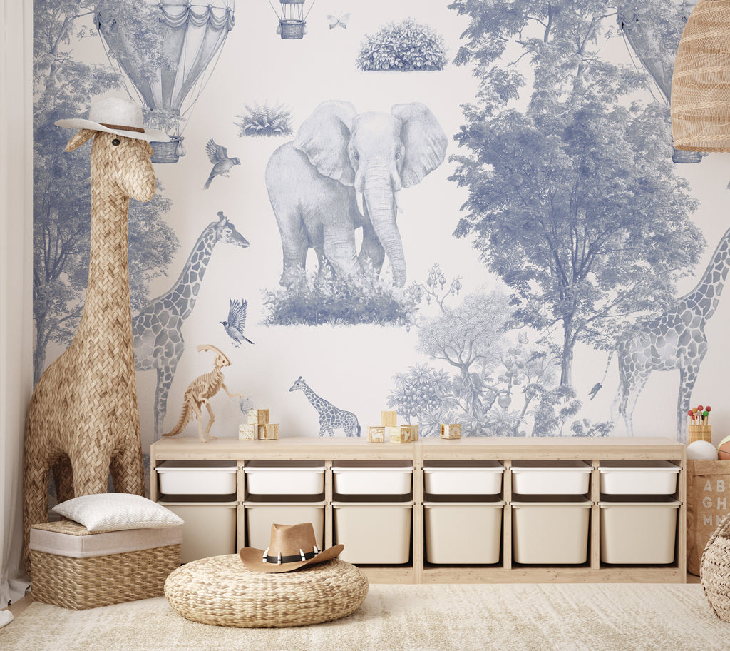 Blue Toile Safari Wallpaper : Balloon and Animal Kids Wall Mural - View 3