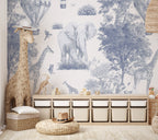 Blue Toile Safari Wallpaper : Balloon and Animal Kids Wall Mural - View 3