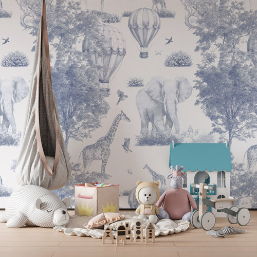 Blue Toile Safari Wallpaper : Balloon and Animal Kids Wall Mural