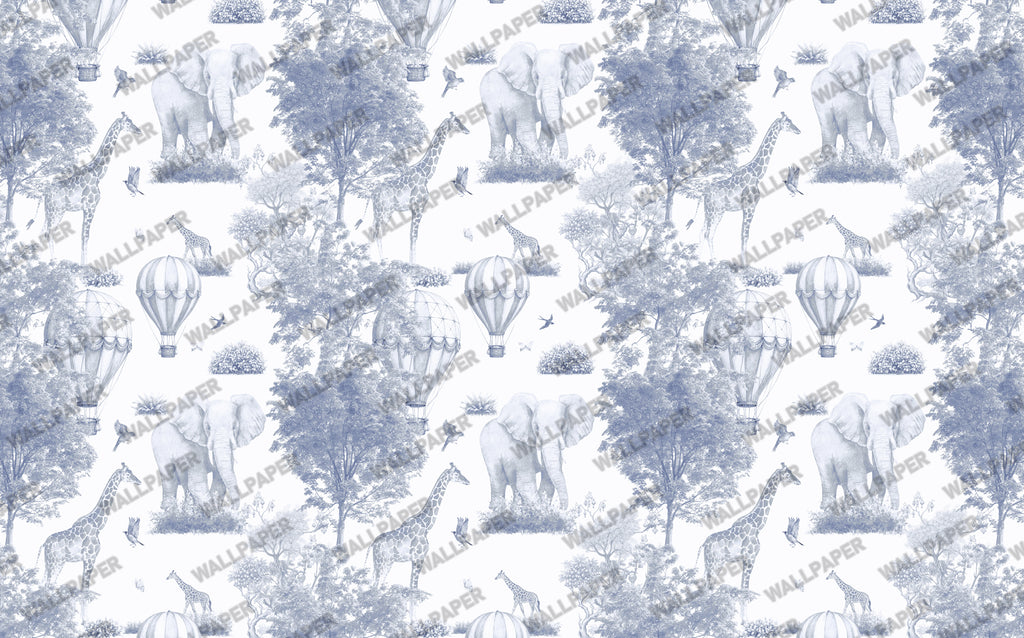 Blue Toile Safari Wallpaper : Balloon and Animal Kids Wall Mural - View 2