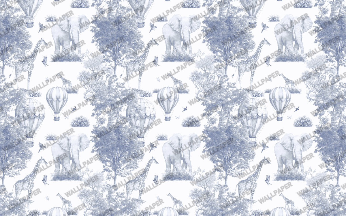 Blue Toile Safari Wallpaper : Balloon and Animal Kids Wall Mural - View 2